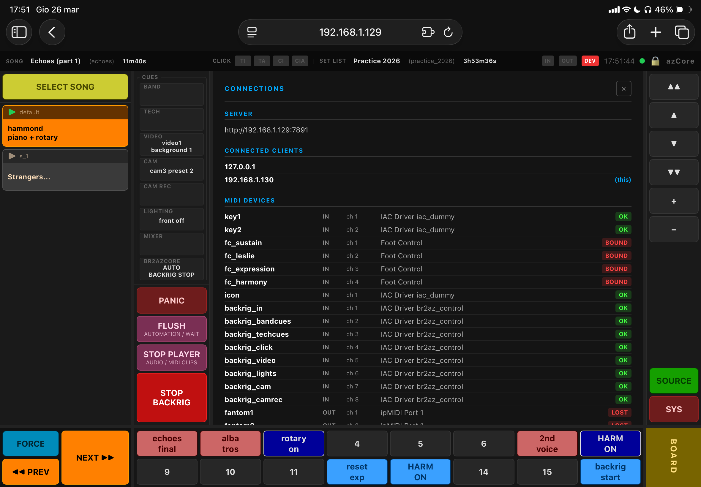 azCore on iPad — Connections and MIDI devices