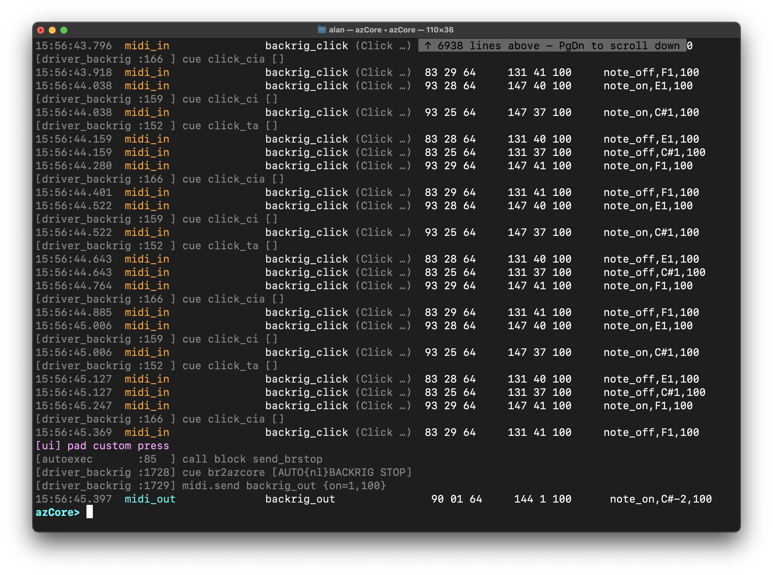 Console — MIDI trace in real time